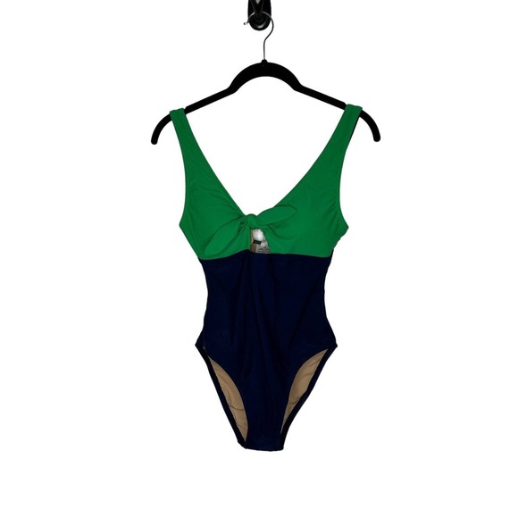 NWT J Crew Factory Womens One Piece Swimsuit XS Cutout Bow Lined Blue and Green - Picture 2 of 10